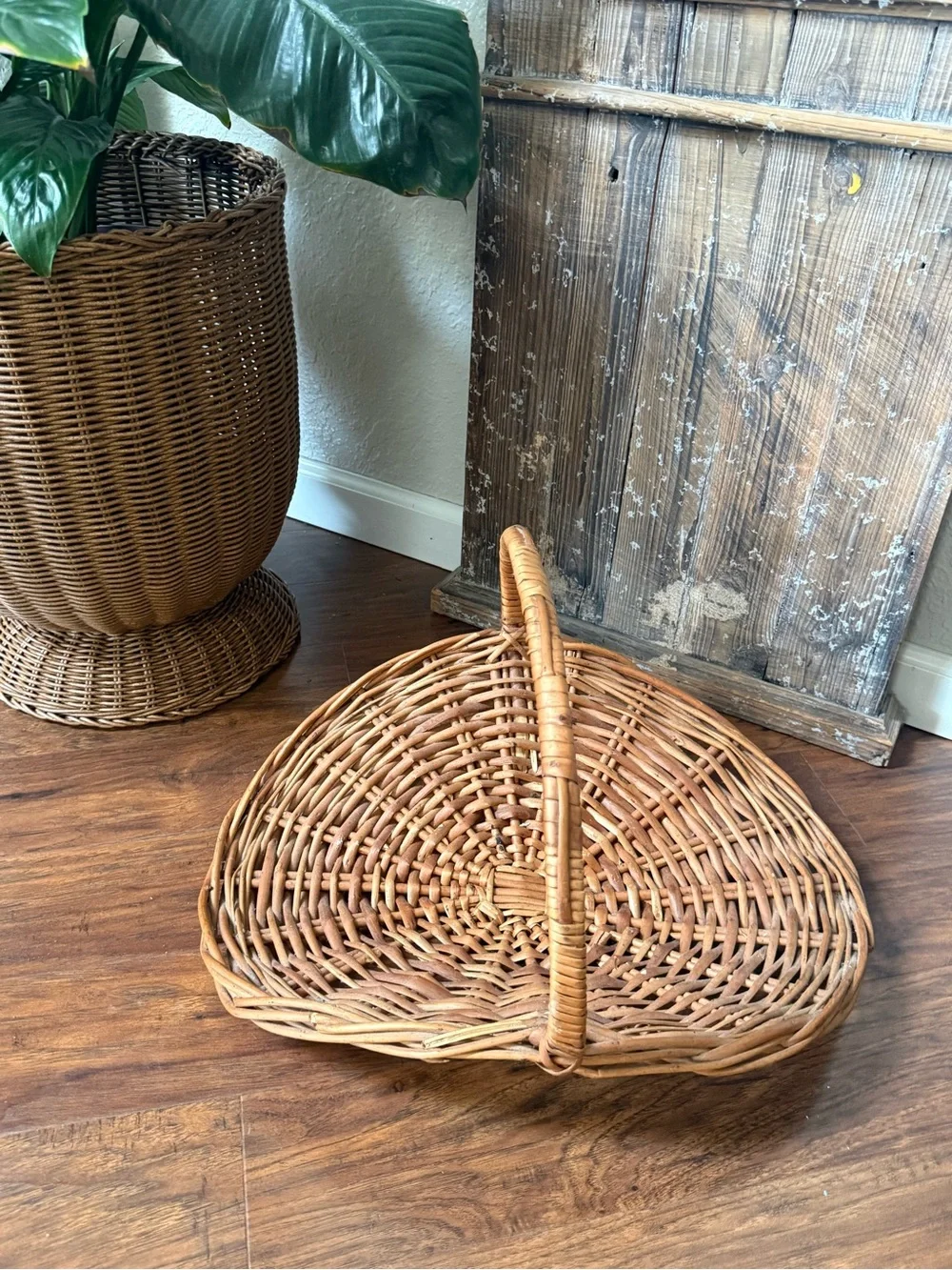 Large Mid Century French Style Flower Gathering Wicker Basket with Handle